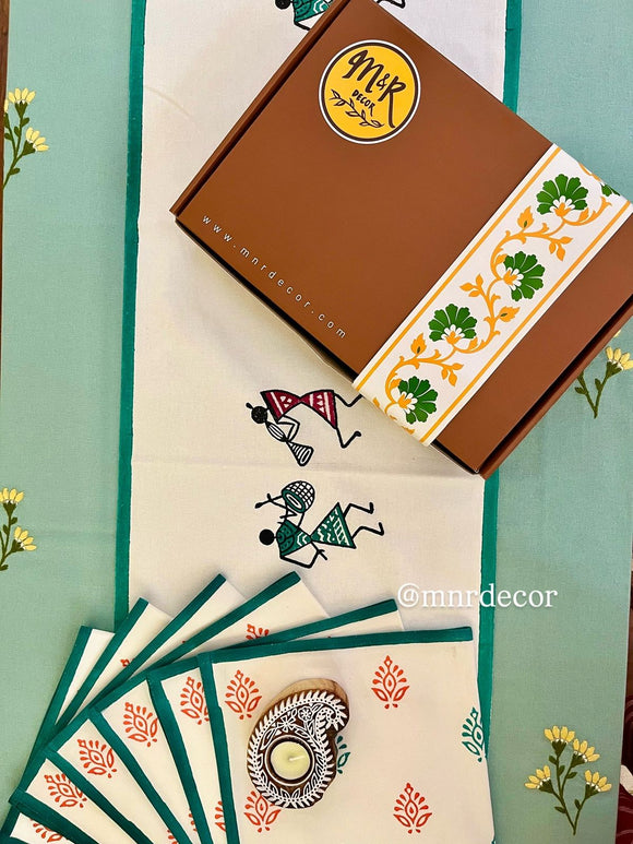 Hand Block Print Warli Table Runner, Table Mats and Candle Holder