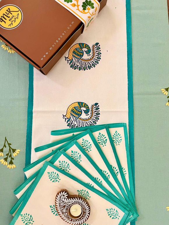 Hand Block Print Peacock Table Runner, Table Mats and Candle Holder