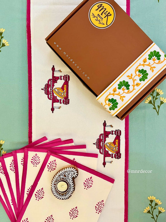 Hand Block Print Palki Table Runner, Table Mats and Candle Holder