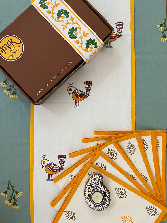 Hand Block Print Kalka Table Runner, Table Mats and Candle Holder