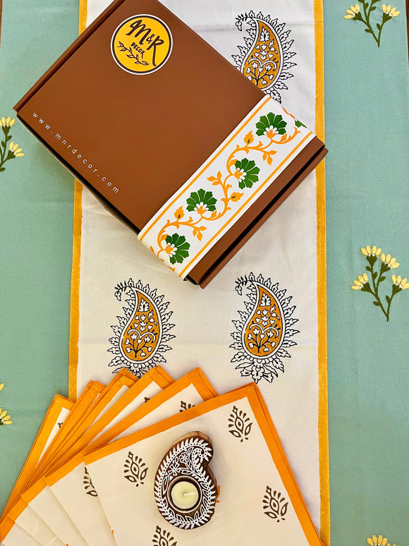 Hand Block Print Paisley Table Runner, Table Mats and Candle Holder