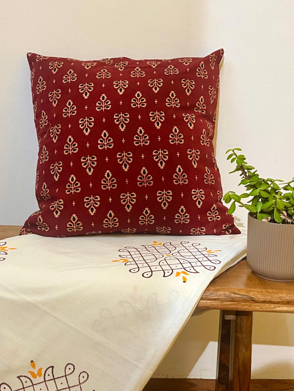 Maroon Ajrak Pure Cotton Cushion Cover