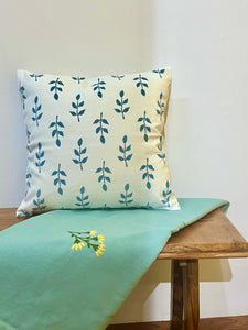 Hand Block Printed Blue Leaf Pure Cotton Cushion Cover