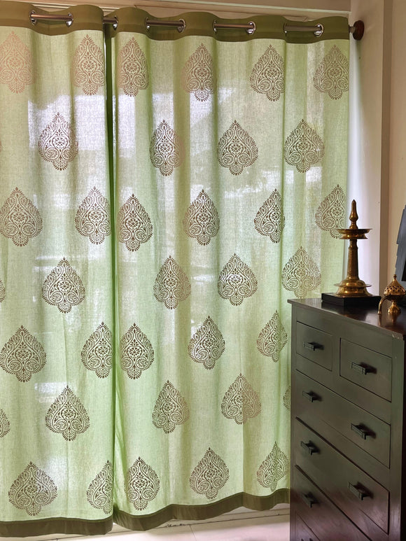 Pastel Green Pure Cotton Curtains with White Paan Print SINGLE piece