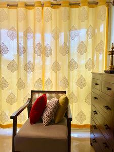 Pastel Yellow Pure Cotton Curtains with White Paan Print SINGLE piece