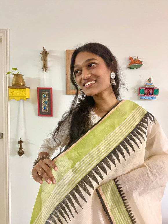 Hand Block Printed Green Dupatta