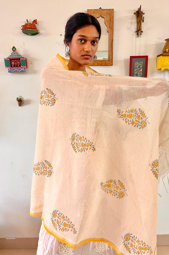 Hand Block Printed Mustard Paisley Dupatta