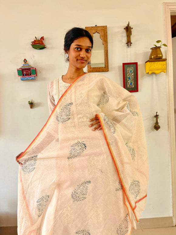 Hand Block Printed Grey Paisley Dupatta