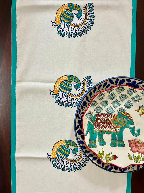 Hand Block Print Peacock Print Cotton Table Runner