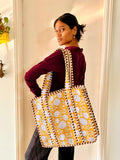 Tote Bag- Hand Block Printed-Mustard & Brown