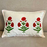 Poppy Print Pure Cotton Cushion Cover in Red & Green