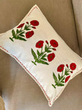 Poppy Print Pure Cotton Cushion Cover in Red & Green