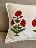 Poppy Print Pure Cotton Cushion Cover in Red & Green