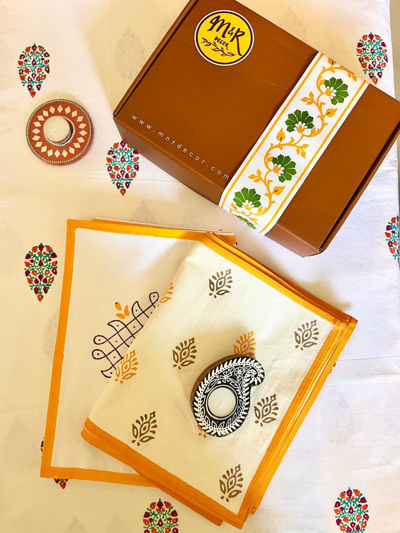 Gift Set - Hand Block Print Kolam Table Runner, Table Mats and Candle Holder