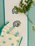 Hand Block Print Peacock Table Runner, Table Mats and Candle Holder