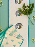 Hand Block Print Peacock Table Runner, Table Mats and Candle Holder