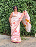 Saree -Kerala Kasavu Saree in Pink and Orange Peacock Print