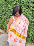Saree -Kerala Kasavu Saree in Pink and Orange Peacock Print