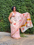 Saree -Kerala Kasavu Saree in Pink and Orange Peacock Print