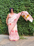Saree -Kerala Kasavu Saree in Pink and Orange Peacock Print