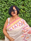 Saree -Kerala Kasavu Saree in Pink and Orange Peacock Print