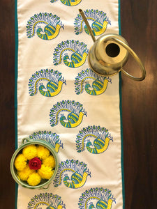 Hand Block Print Peacock Print Cotton Table Runner