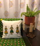 Hand Block Print Doll Print Cotton Cushion Cover (Mustard and Green)