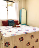 Hand Block Printed Red and Indigo Elephant Print Cotton Bed Sheet