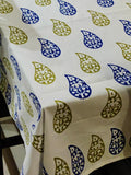 Hand Block Print Cotton Paisley Table Cloth (Indigo and Moss Green)