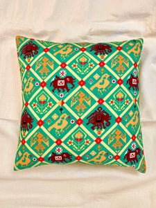 Turquoise Patola Print Raw Silk Katha Stitch Cushion Cover