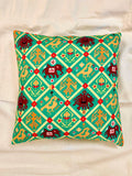 Turquoise Patola Print Raw Silk Katha Stitch Cushion Cover