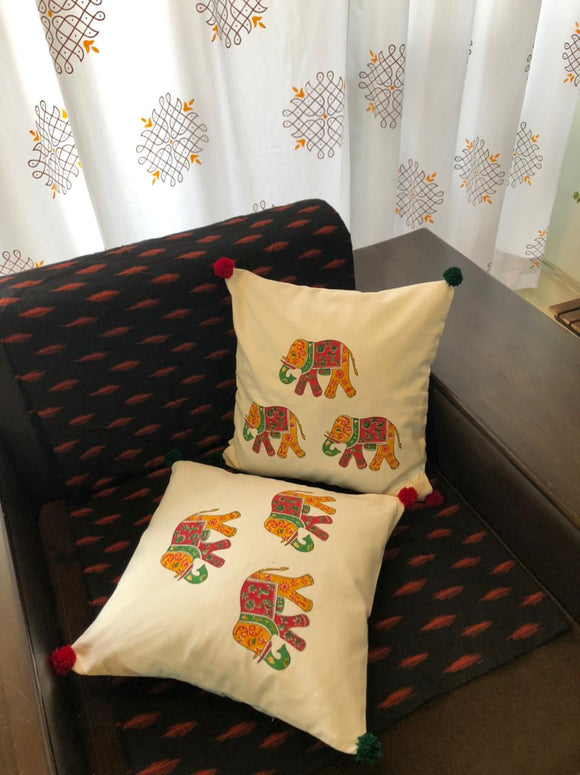 Hand Block Print Elephant Print Cushion Cover (Red , Green and Yellow)