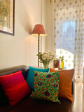 Turquoise Patola Print Raw Silk Katha Stitch Cushion Cover