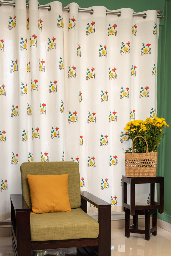 Hand Block Wini Pint Curtain Turquoise, Peach, Lemon color - STANDARD-SINGLE