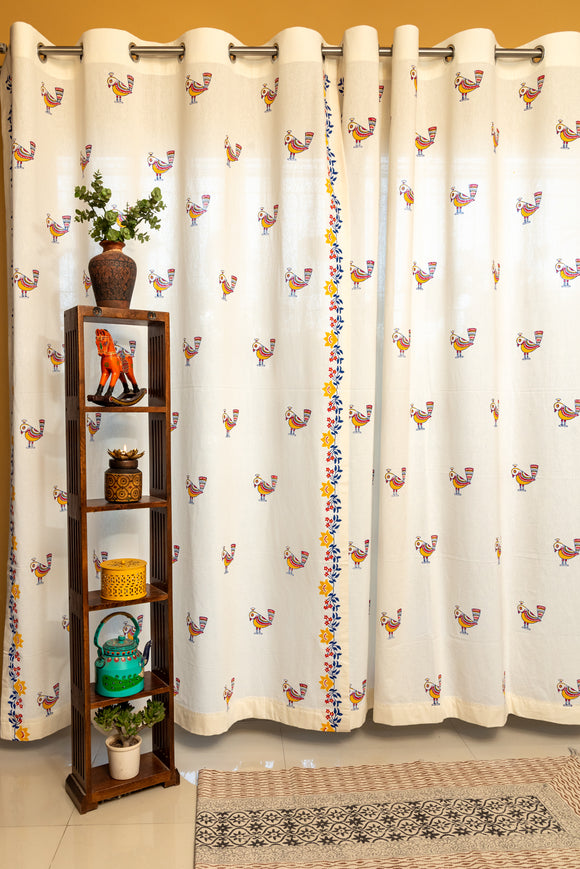 Hand Block Print Kalka Print in Mustard, Indigo and Red Cotton Curtain(Quick Ship)  PREMIUM Fabric