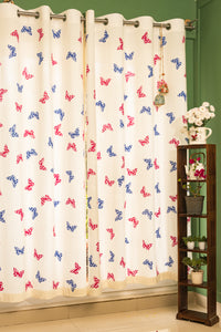 Hand Block Print Pink and Blue Butterfly Print Cotton Curtain