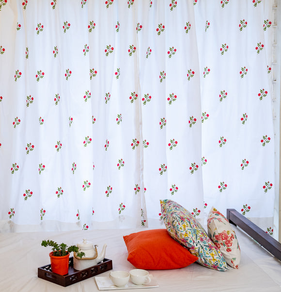 Red Rose Embroidered Cotton Curtain