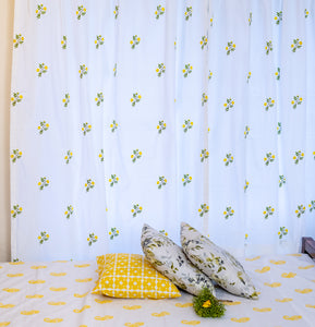 Yellow Rose Embroidered Cotton Curtain