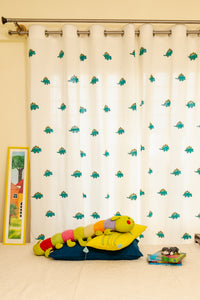 Hand Block Print Dinosaur Cotton Curtain in Turquoise and Green for Kid's bedroom - STANDARD FABRIC-SINGLE Piece