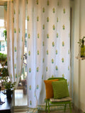 Hand Block Print Green and Yellow Kalpana Mughal Cotton Curtain - Premium -SINGLE piece