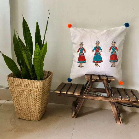 Hand Block Print Doll Print Cotton Cushion Cover in Turquoise and Orange
