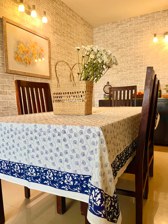 Hand Block Priint Cotton Indigo on White Table Cloth