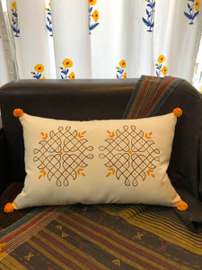Hand Block Print Kollam Print Cotton Cushion Cover (DarkBrown and Mustard)