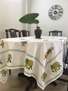 Hand Block Print Doll Print Cotton Table Cloth (Mustard and Green)