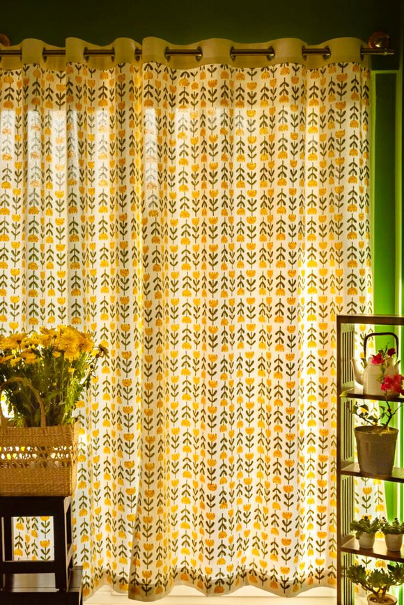 Hand Block Print Rukma Curtain in Yellow and Moss Green